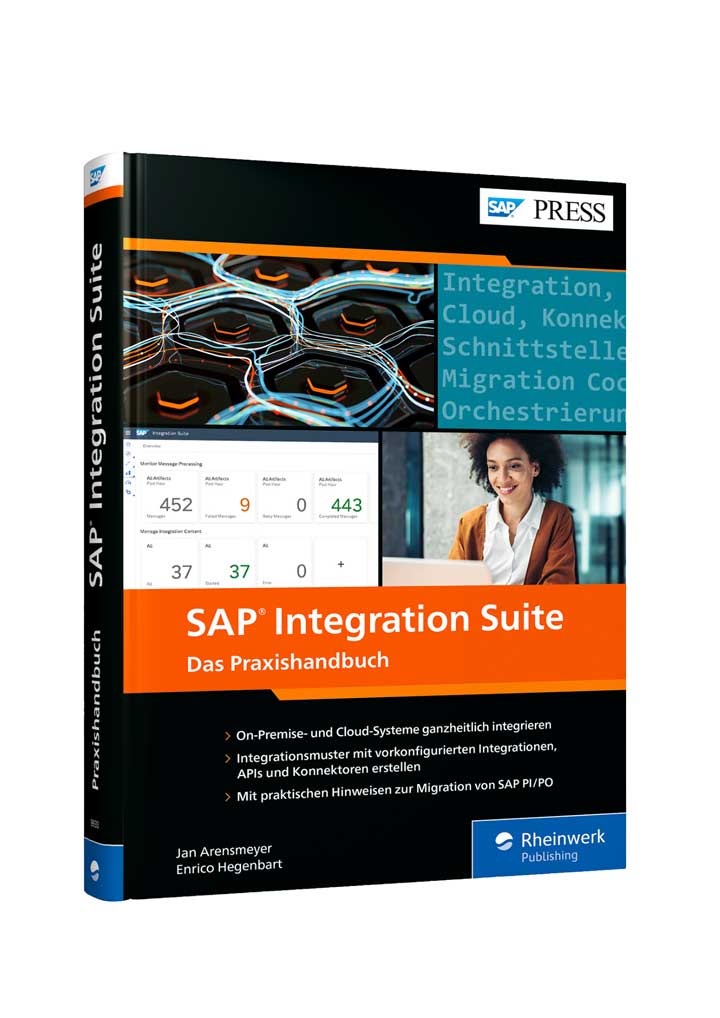 Buchcover von “SAP Integration Suite – Das Praxishandbuch” mit Informationen zur Integration von On-Premise- und Cloud-Systemen.
