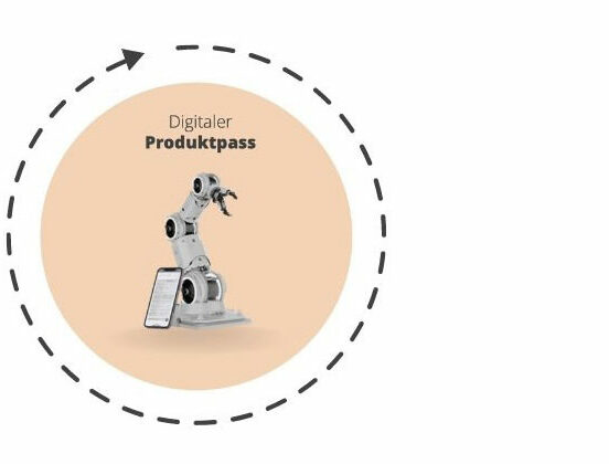 Illustratives Konzept eines digitalen Produktpasses, dargestellt durch einen Roboterarm im Kreis, symbolisiert die Integration digitaler Informationen mit Industrieausrüstung.