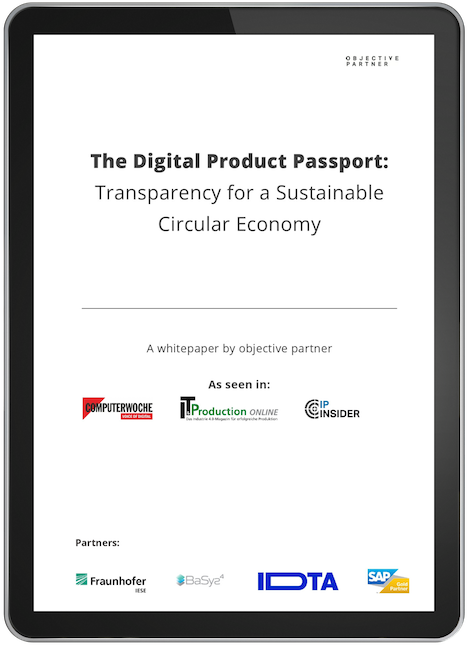 Cover eines Whitepapers auf einem Tablet, betitelt 'Der Digitale Produktspass: Transparenz für eine nachhaltige Kreislaufwirtschaft', veröffentlicht von Objective Partner mit Logos bekannter Medienpartner und Unterstützer wie Fraunhofer, BaSyx, IDTA und SAP.