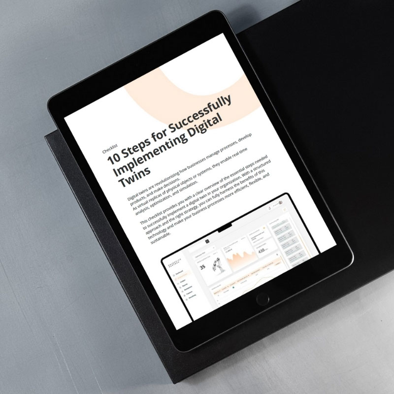 Tablet shows checklist: '10 steps to the successful introduction of digital twins' with clear presentation and dashboard illustration